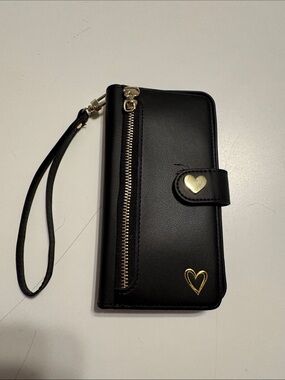 Black Wristlet Phone Wallet with Gold Heart Accents for iPhone 15 Pro Max
